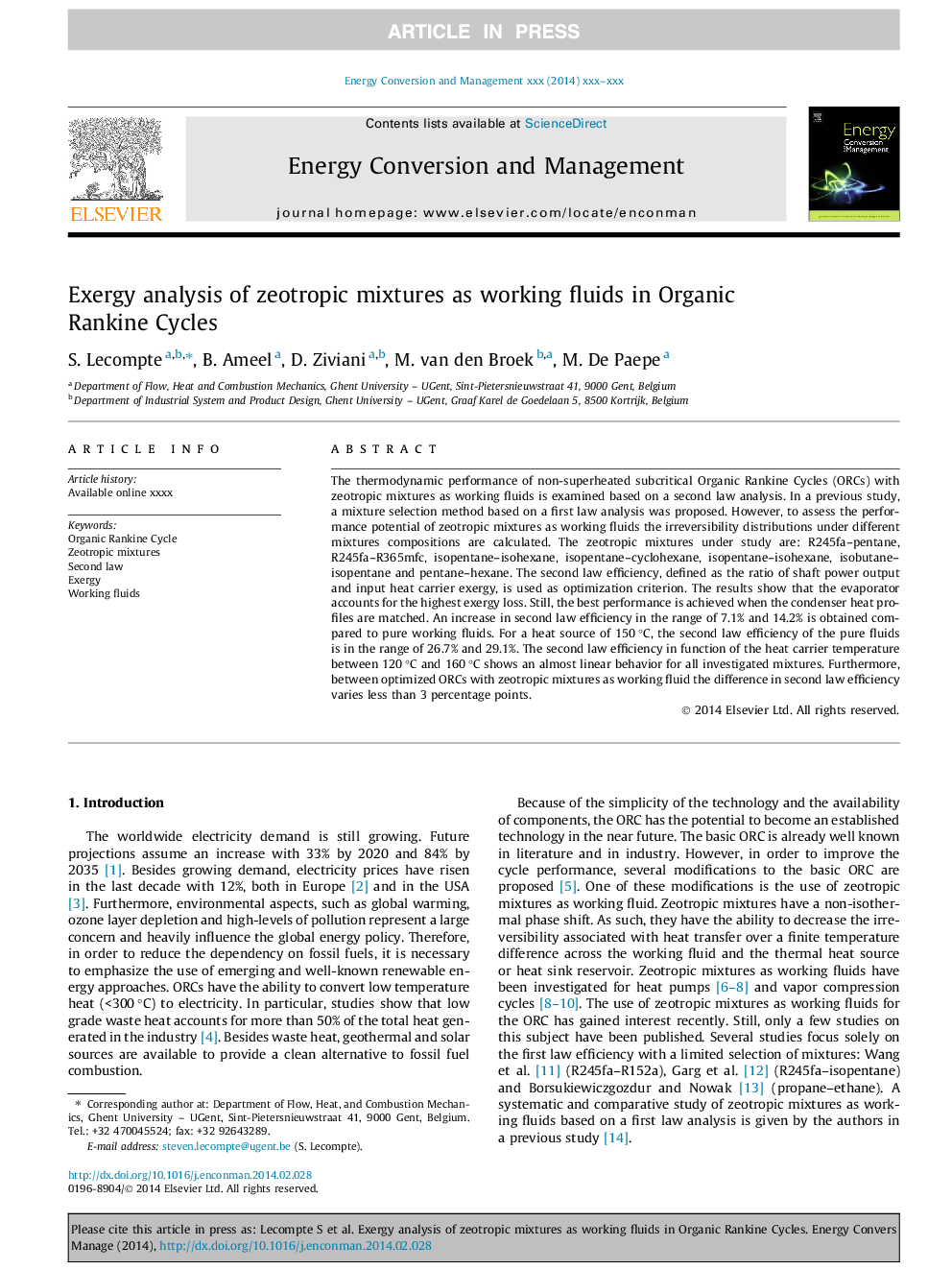 Exergy analysis of zeotropic mixtures as working fluids in Organic Rankine Cycles