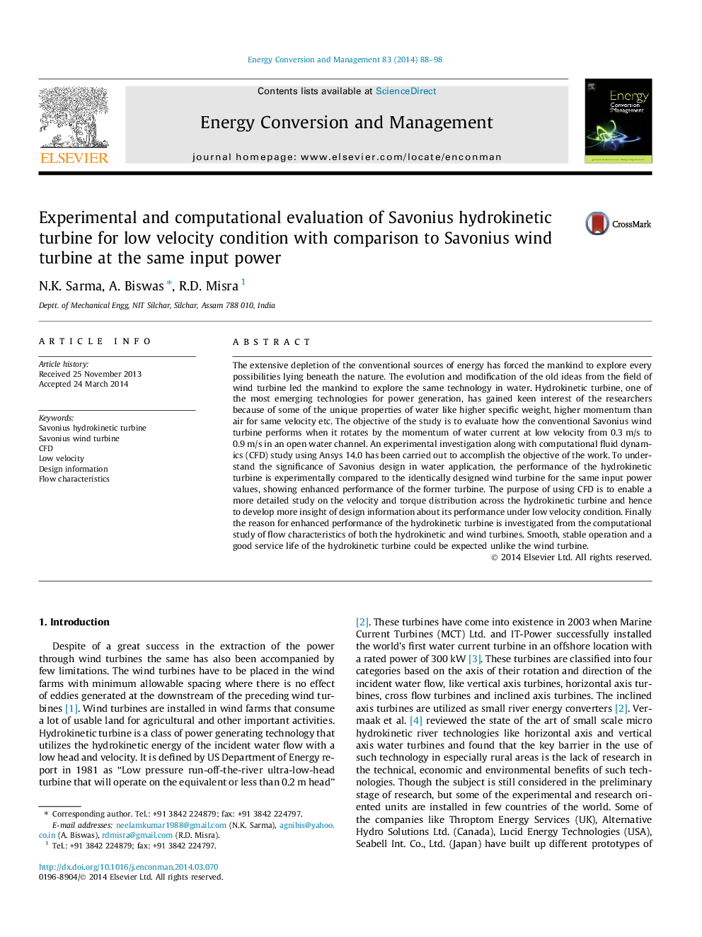 Experimental and computational evaluation of Savonius hydrokinetic turbine for low velocity condition with comparison to Savonius wind turbine at the same input power