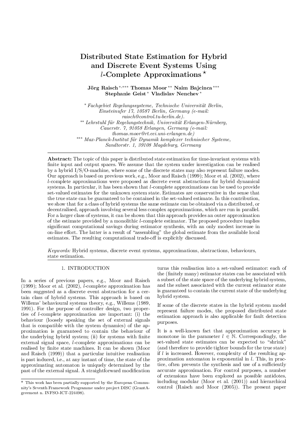 Distributed State Estimation for Hybrid and Discrete Event Systems Using l-Complete Approximations 