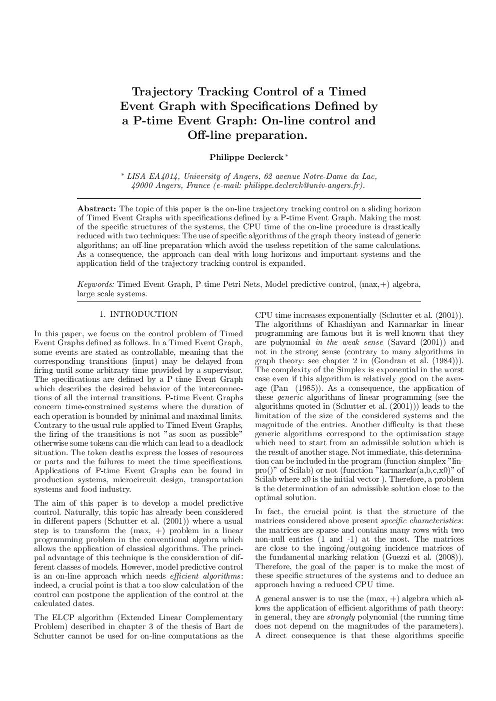 Trajectory Tracking Control of a Timed Event Graph with Specifications Defined by a P-time Event Graph: On-line control and Off-line preparation.