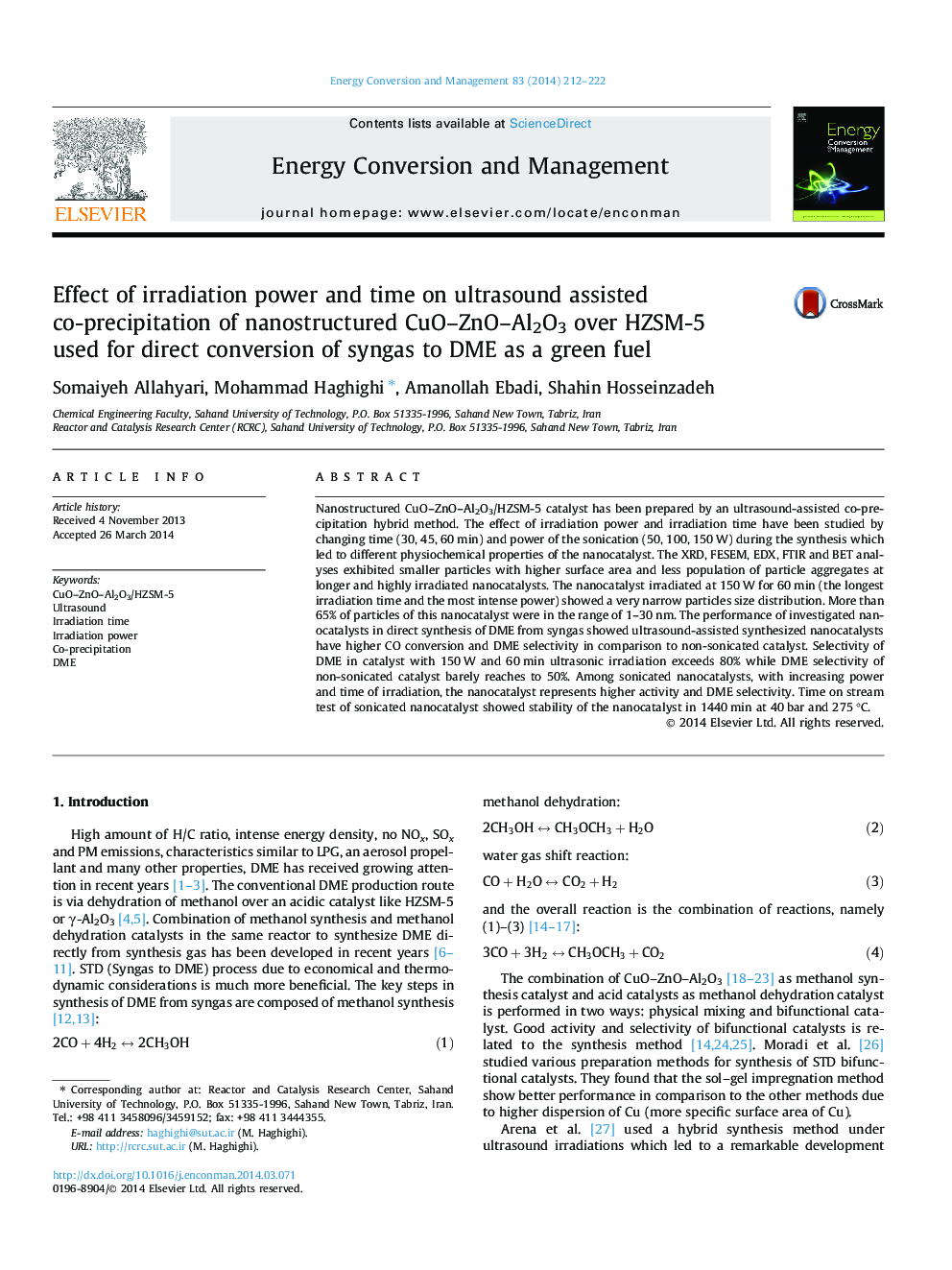 Effect of irradiation power and time on ultrasound assisted co-precipitation of nanostructured CuO-ZnO-Al2O3 over HZSM-5 used for direct conversion of syngas to DME as a green fuel