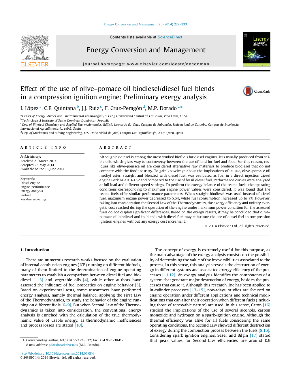 Effect of the use of olive-pomace oil biodiesel/diesel fuel blends in a compression ignition engine: Preliminary exergy analysis