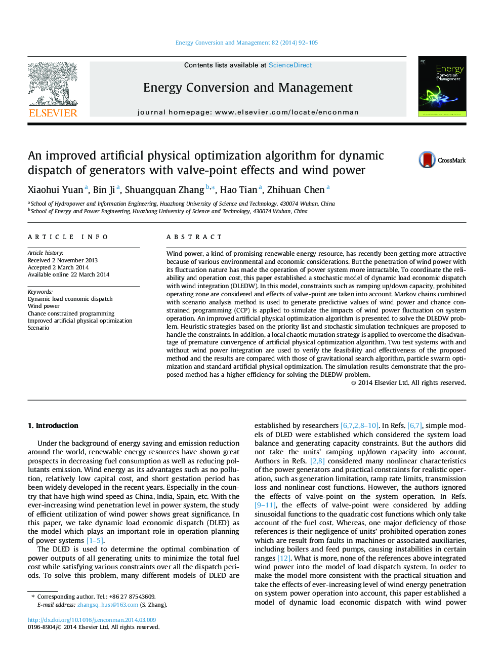 An improved artificial physical optimization algorithm for dynamic dispatch of generators with valve-point effects and wind power