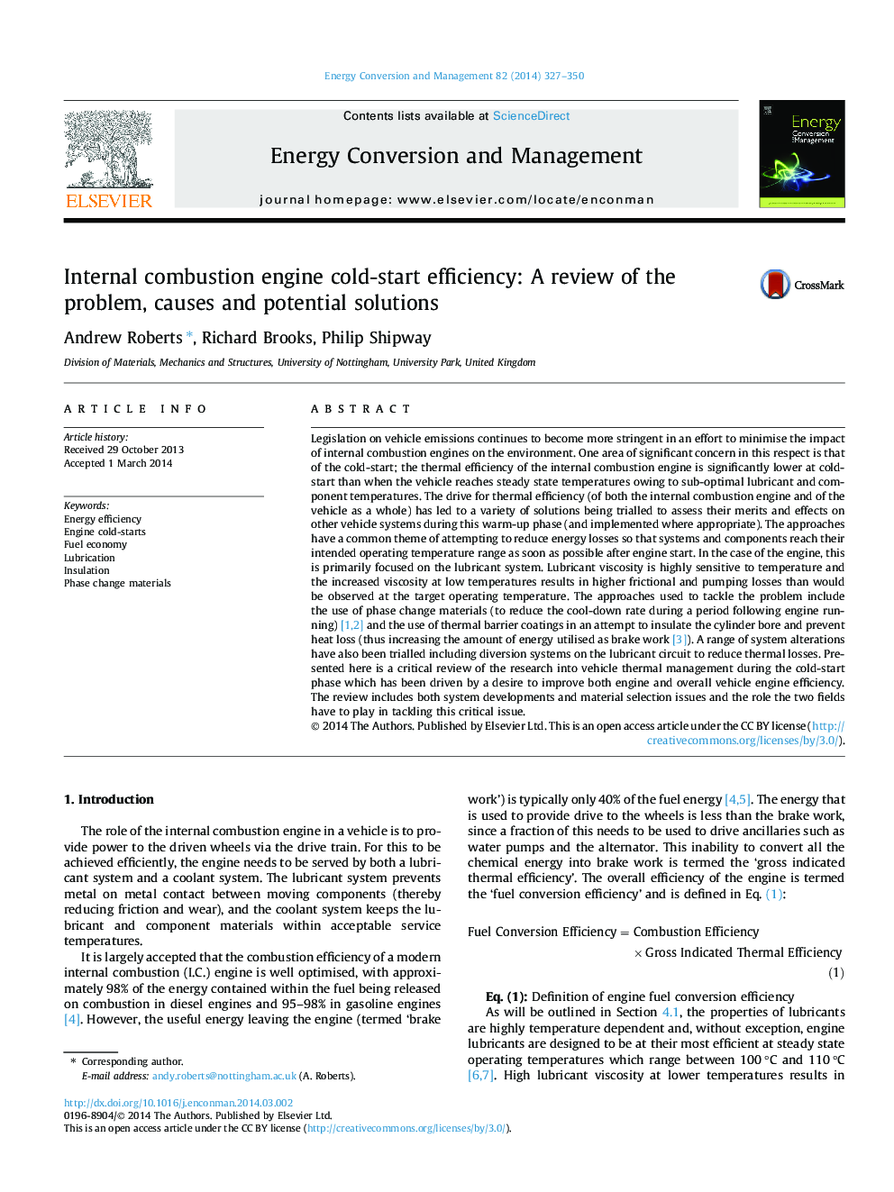 Internal combustion engine cold-start efficiency: A review of the problem, causes and potential solutions