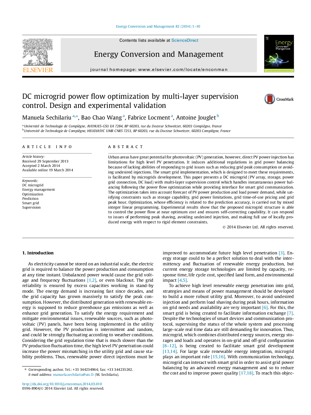 DC microgrid power flow optimization by multi-layer supervision control. Design and experimental validation