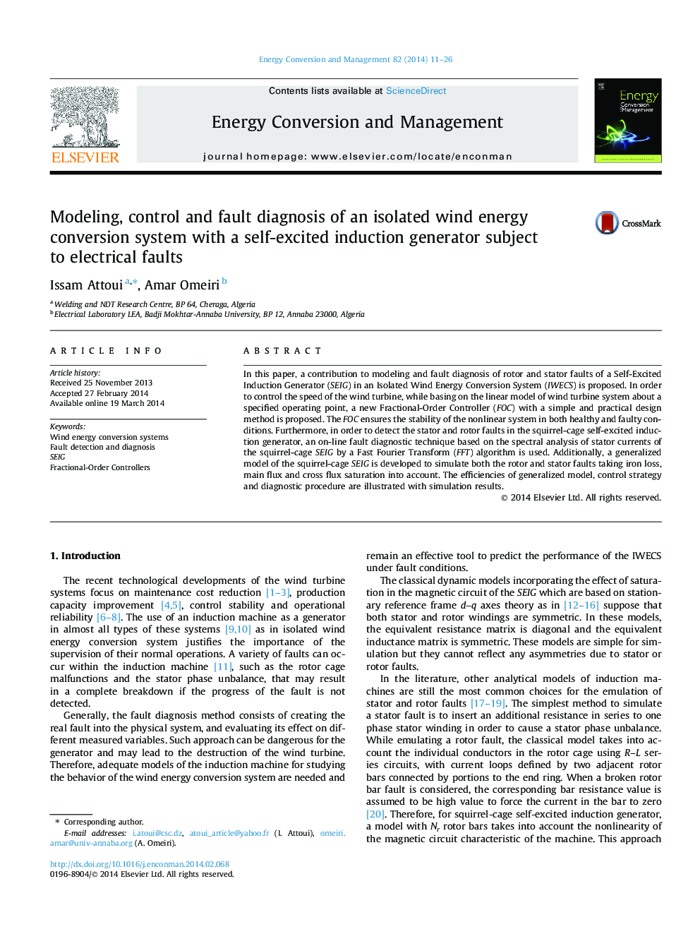 Modeling, control and fault diagnosis of an isolated wind energy conversion system with a self-excited induction generator subject to electrical faults