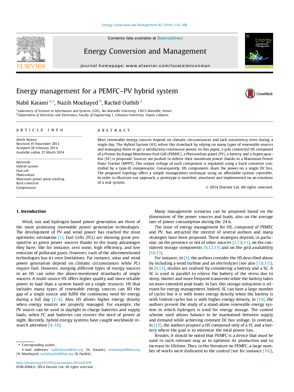 Energy management for a PEMFC-PV hybrid system