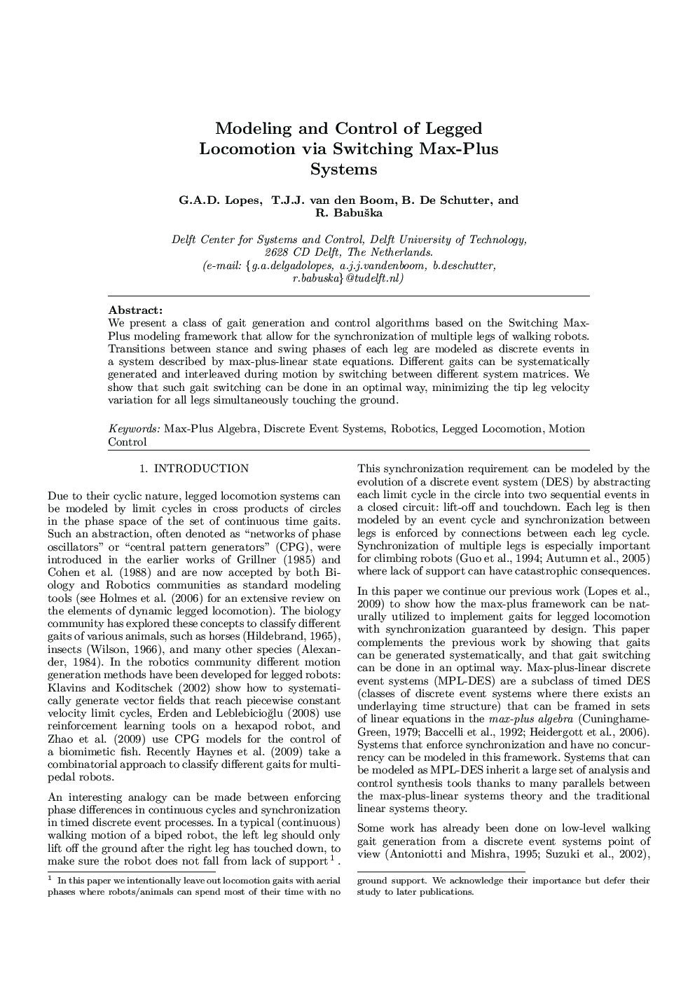 Modeling and Control of Legged Locomotion via Switching Max-Plus Systems 