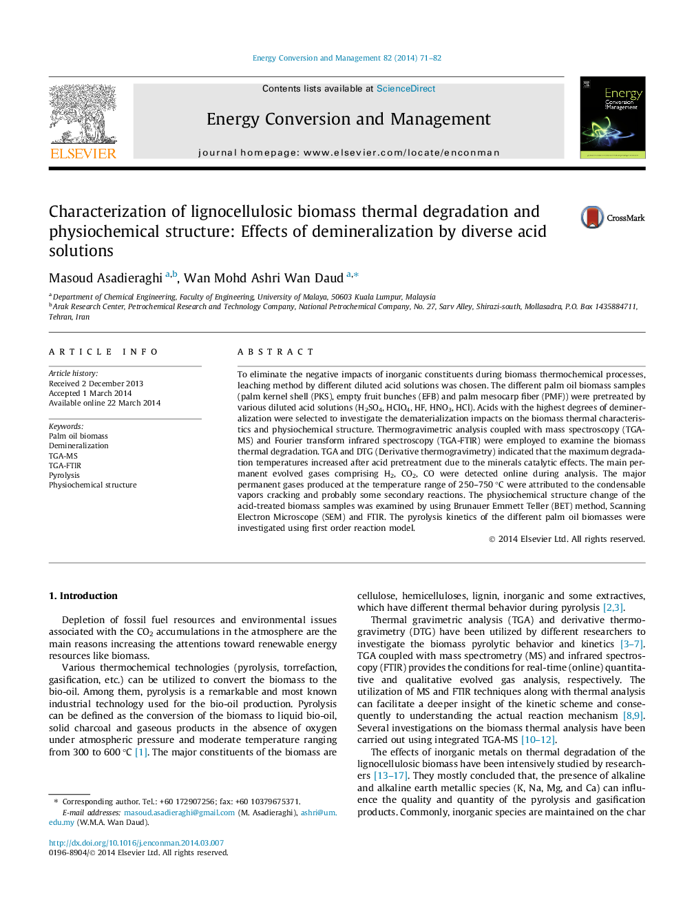 Characterization of lignocellulosic biomass thermal degradation and physiochemical structure: Effects of demineralization by diverse acid solutions