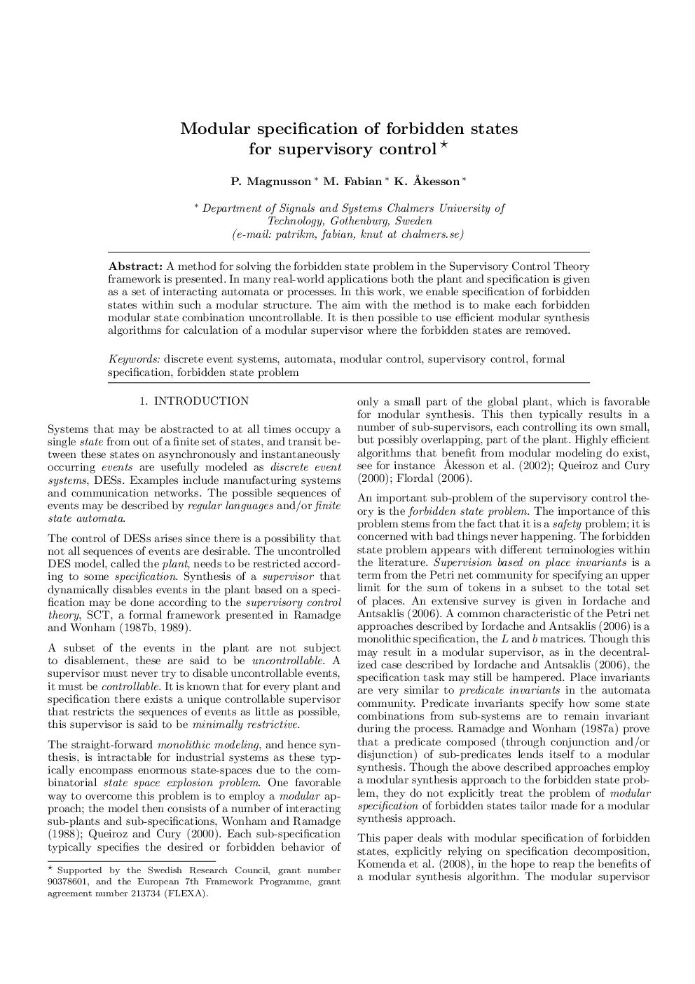 Modular specification of forbidden states for supervisory control 