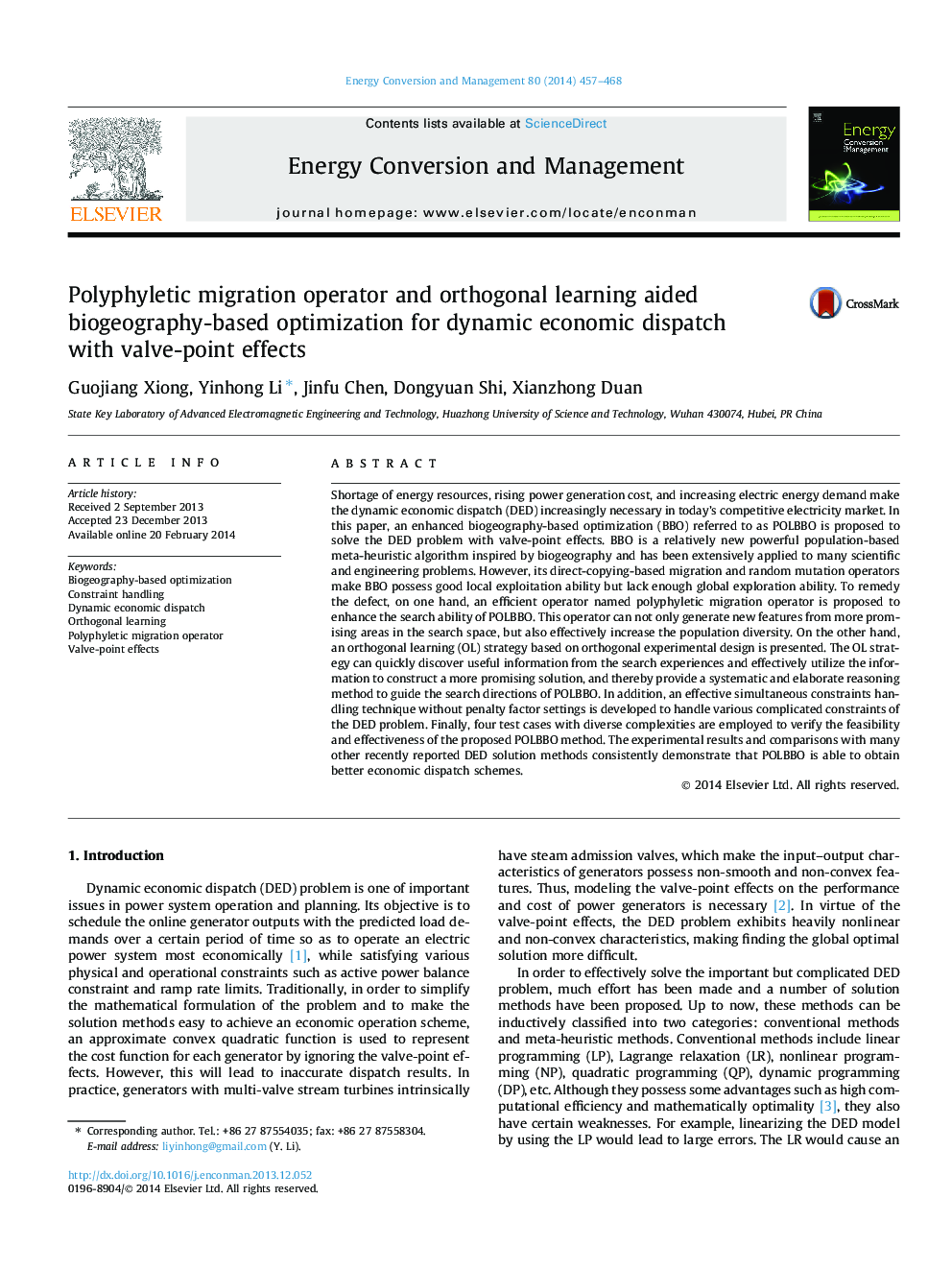 Polyphyletic migration operator and orthogonal learning aided biogeography-based optimization for dynamic economic dispatch with valve-point effects