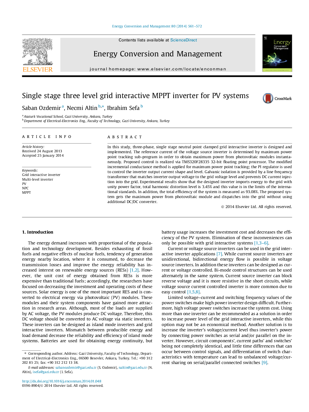 Single stage three level grid interactive MPPT inverter for PV systems