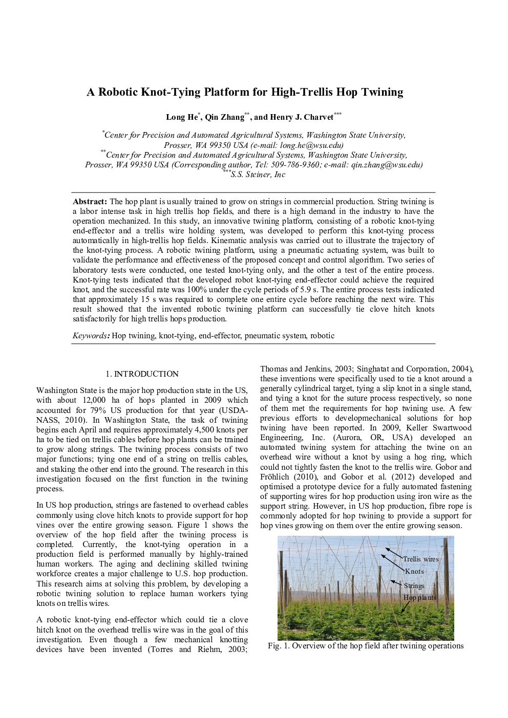 عکس صفحه اول مقاله: A Robotic Knot-Tying Platform for High-Trellis Hop Twining A Robotic Knot-Tying Platform for High-Trellis Hop Twining