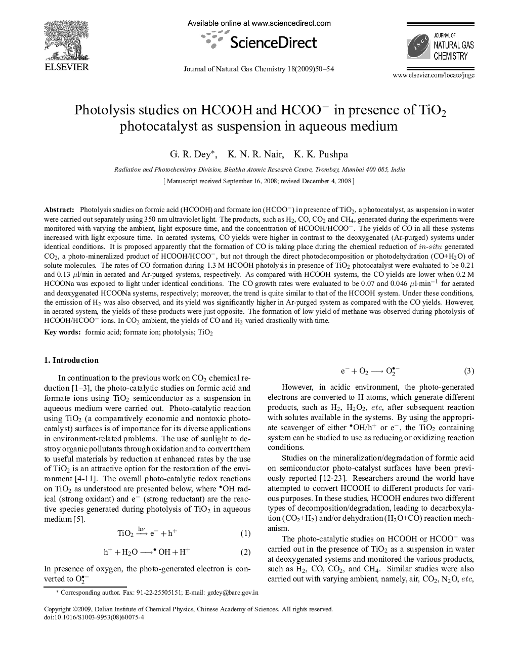 Photolysis studies on HCOOH and HCOO− in presence of TiO2 photocatalyst as suspension in aqueous medium