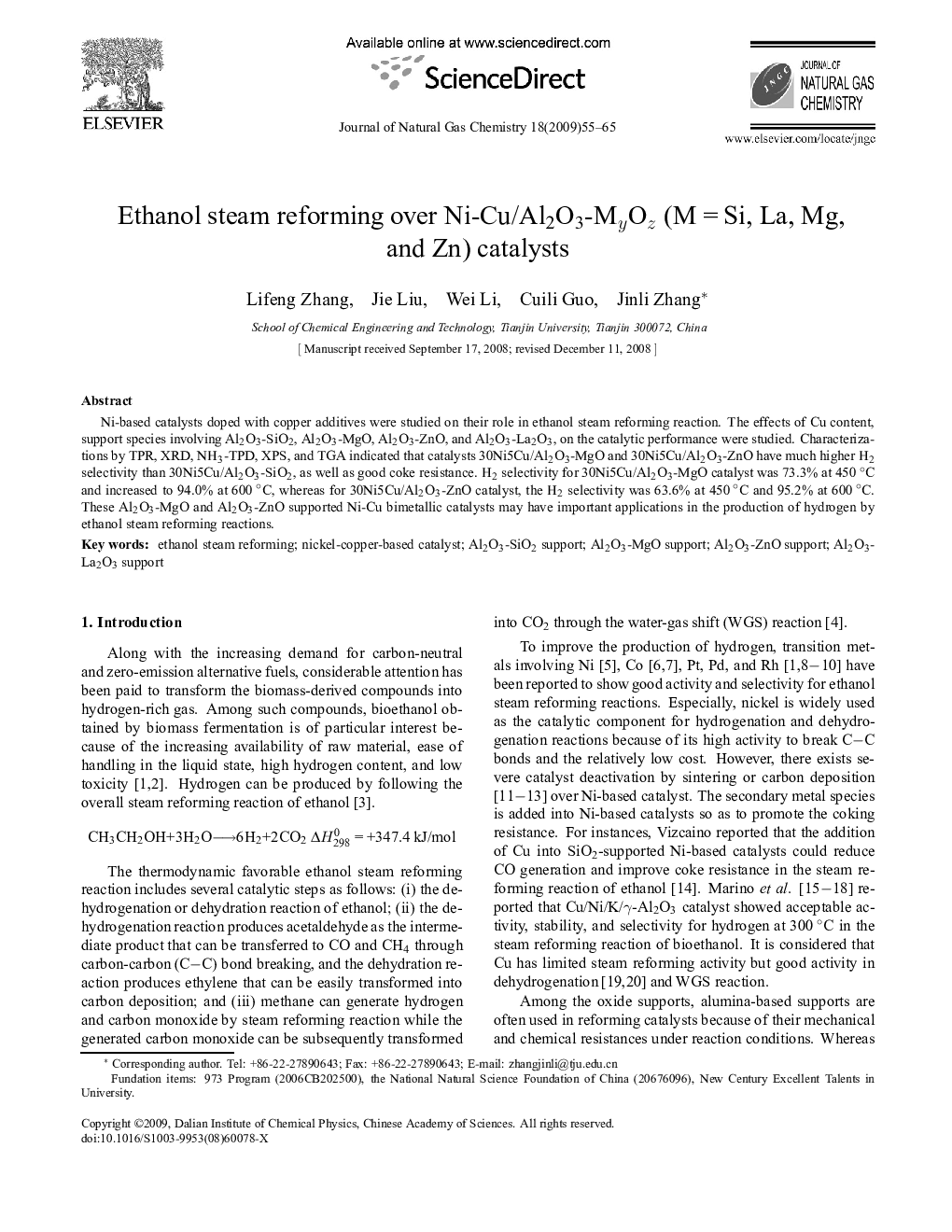 Ethanol steam reforming over Ni-Cu/Al2O3-MyOz (M = Si, La, Mg, and Zn) catalysts 