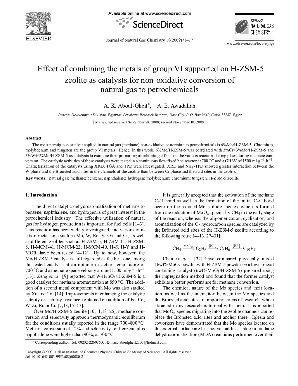 Effect of combining the metals of group VI supported on H-ZSM-5 zeolite as catalysts for non-oxidative conversion of natural gas to petrochemicals