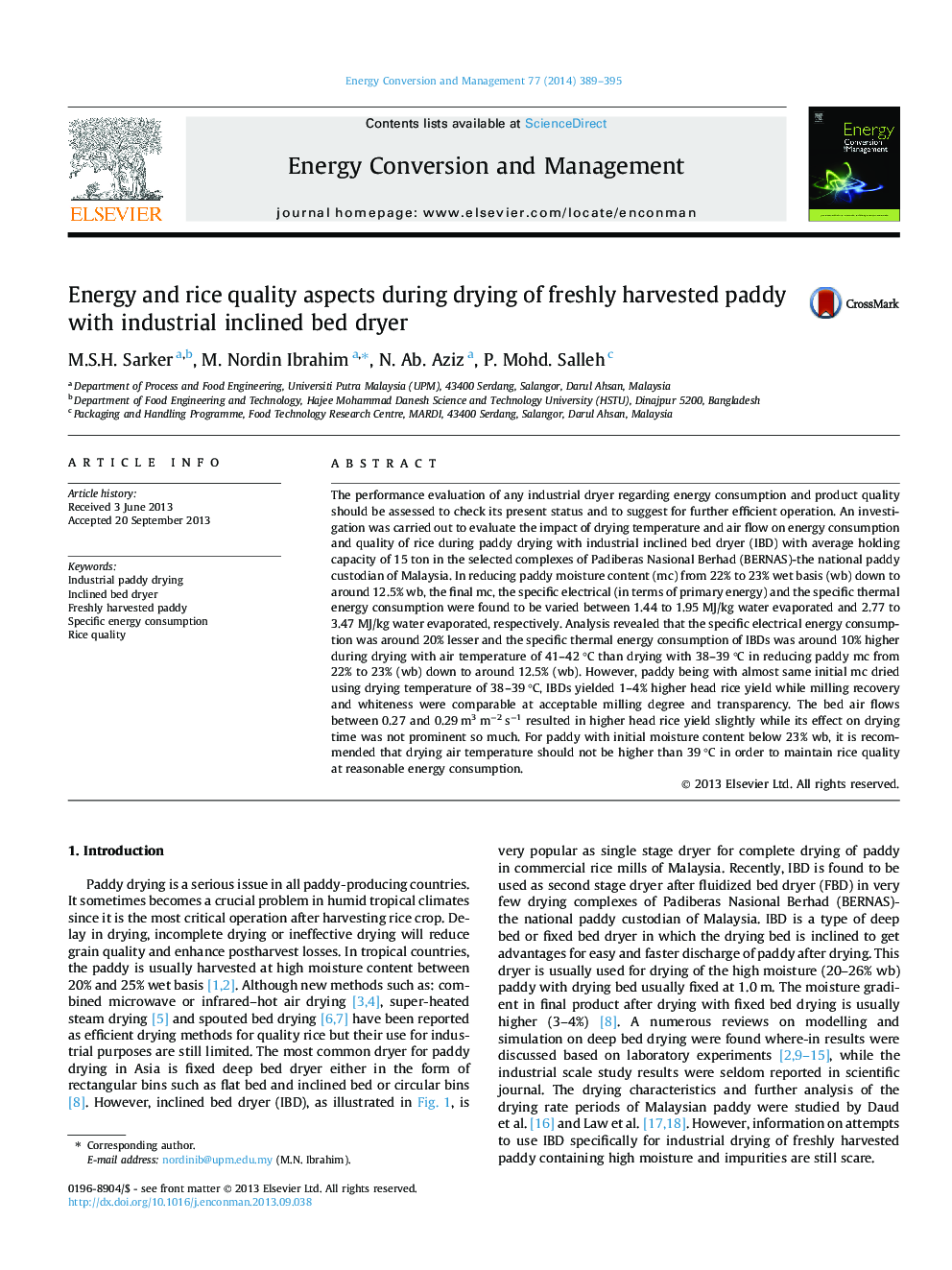 Energy and rice quality aspects during drying of freshly harvested paddy with industrial inclined bed dryer