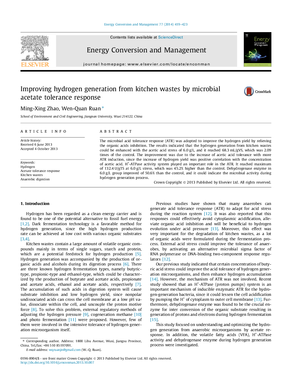 Improving hydrogen generation from kitchen wastes by microbial acetate tolerance response