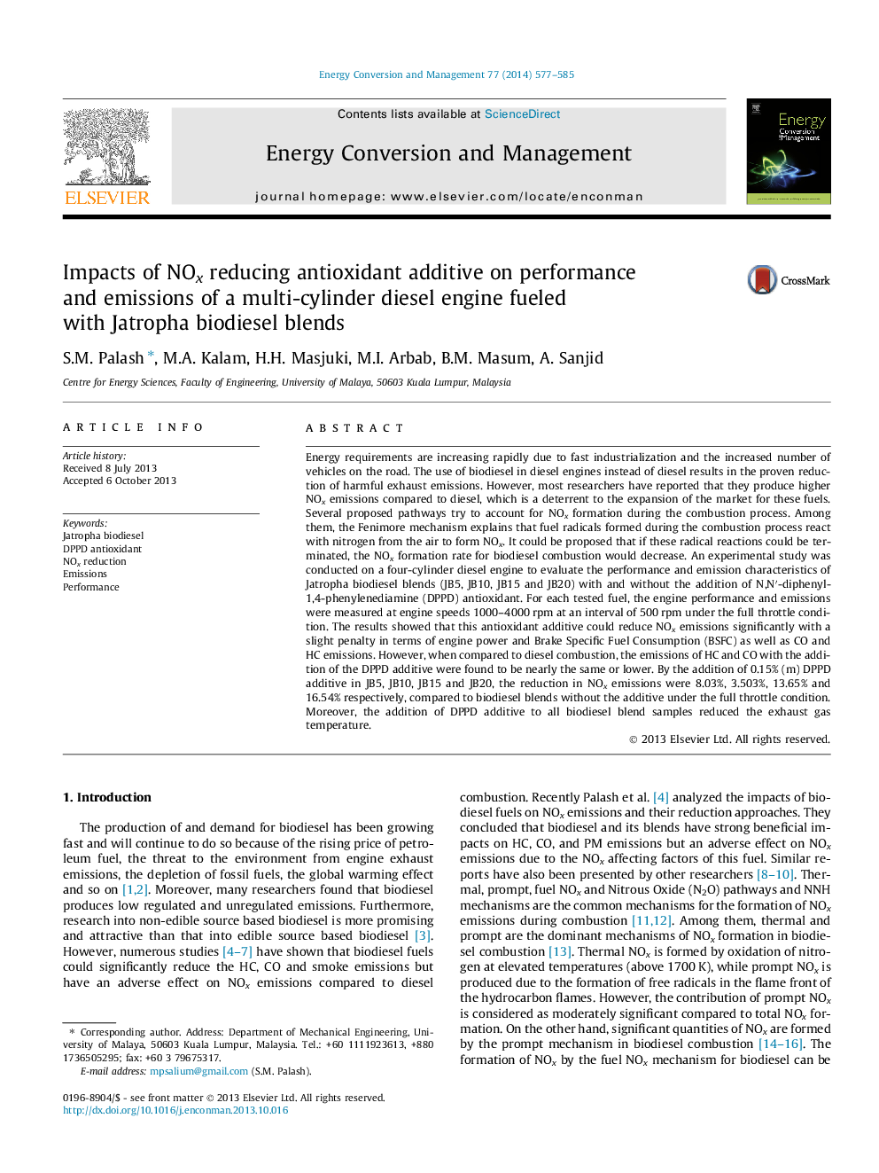 Impacts of NOx reducing antioxidant additive on performance and emissions of a multi-cylinder diesel engine fueled with Jatropha biodiesel blends