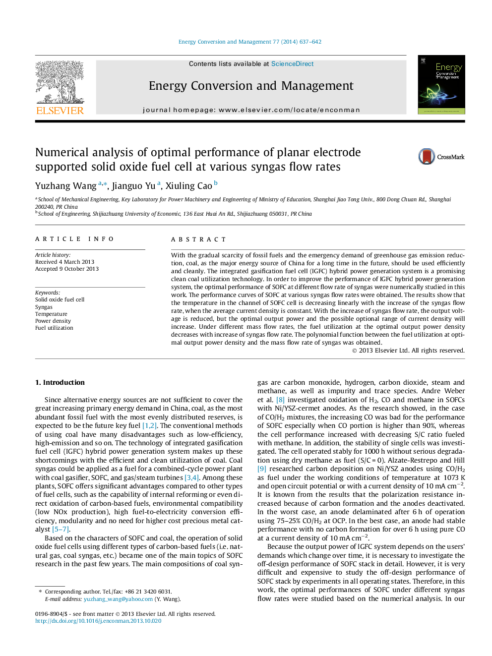 Numerical analysis of optimal performance of planar electrode supported solid oxide fuel cell at various syngas flow rates