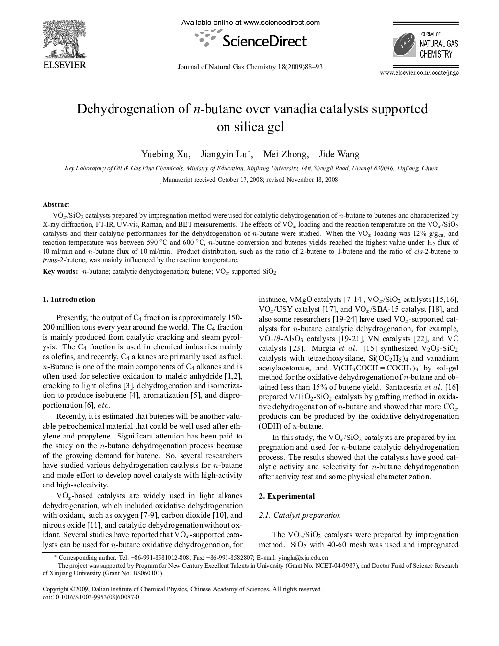 Dehydrogenation of n-butane over vanadia catalysts supported on silica gel 