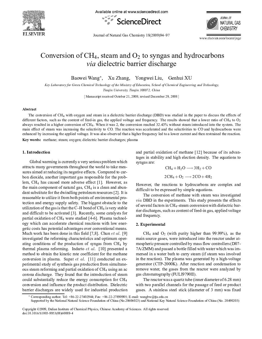 Conversion of CH4, steam and O2 to syngas and hydrocarbons via dielectric barrier discharge 