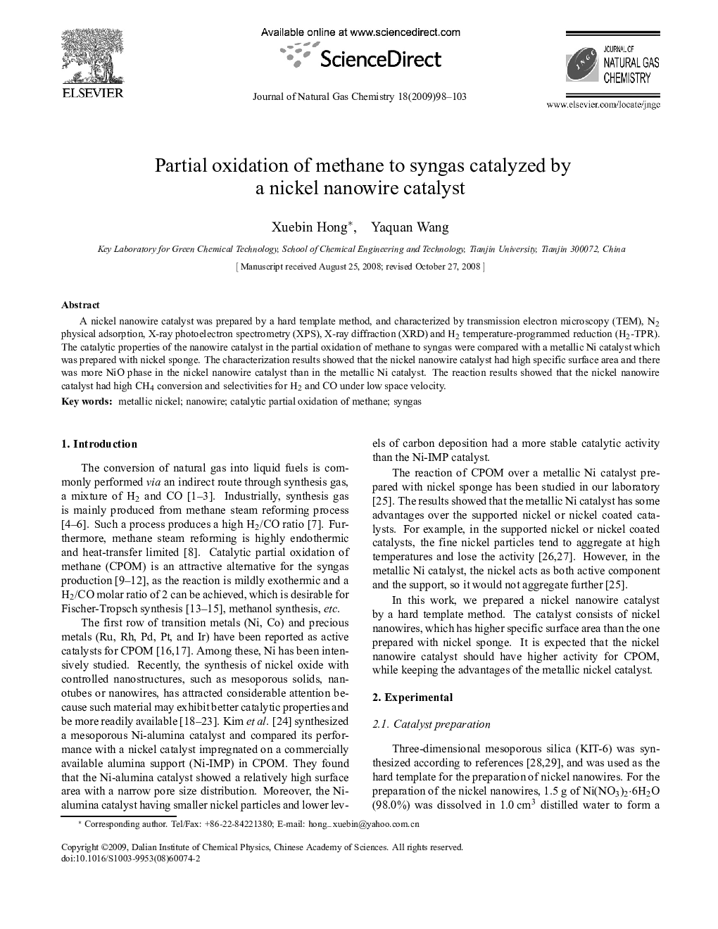 Partial oxidation of methane to syngas catalyzed by a nickel nanowire catalyst