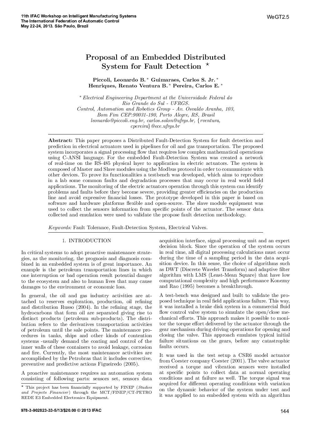 Proposal of an Embedded Distributed System for Fault Detection*