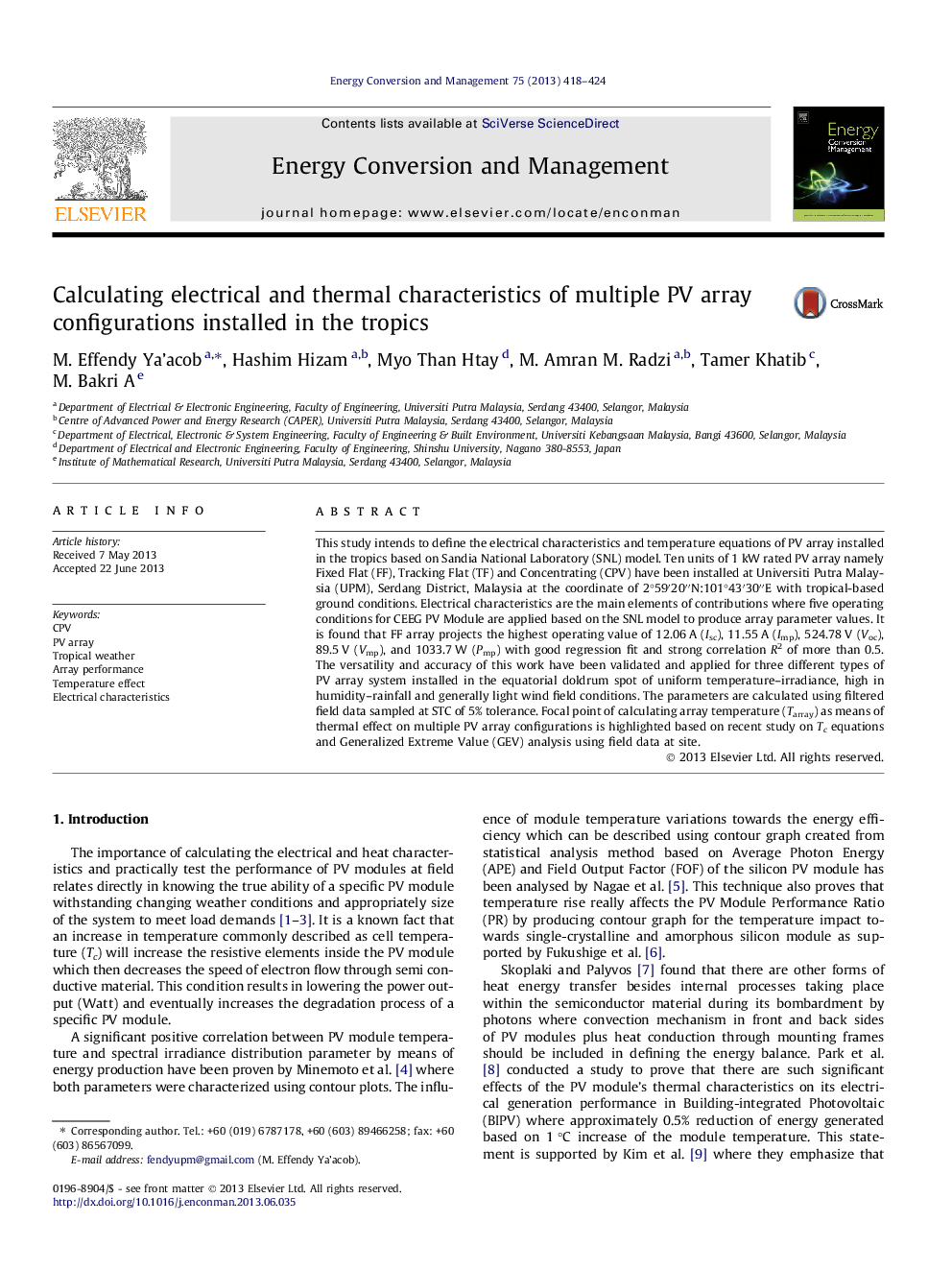 Calculating electrical and thermal characteristics of multiple PV array configurations installed in the tropics