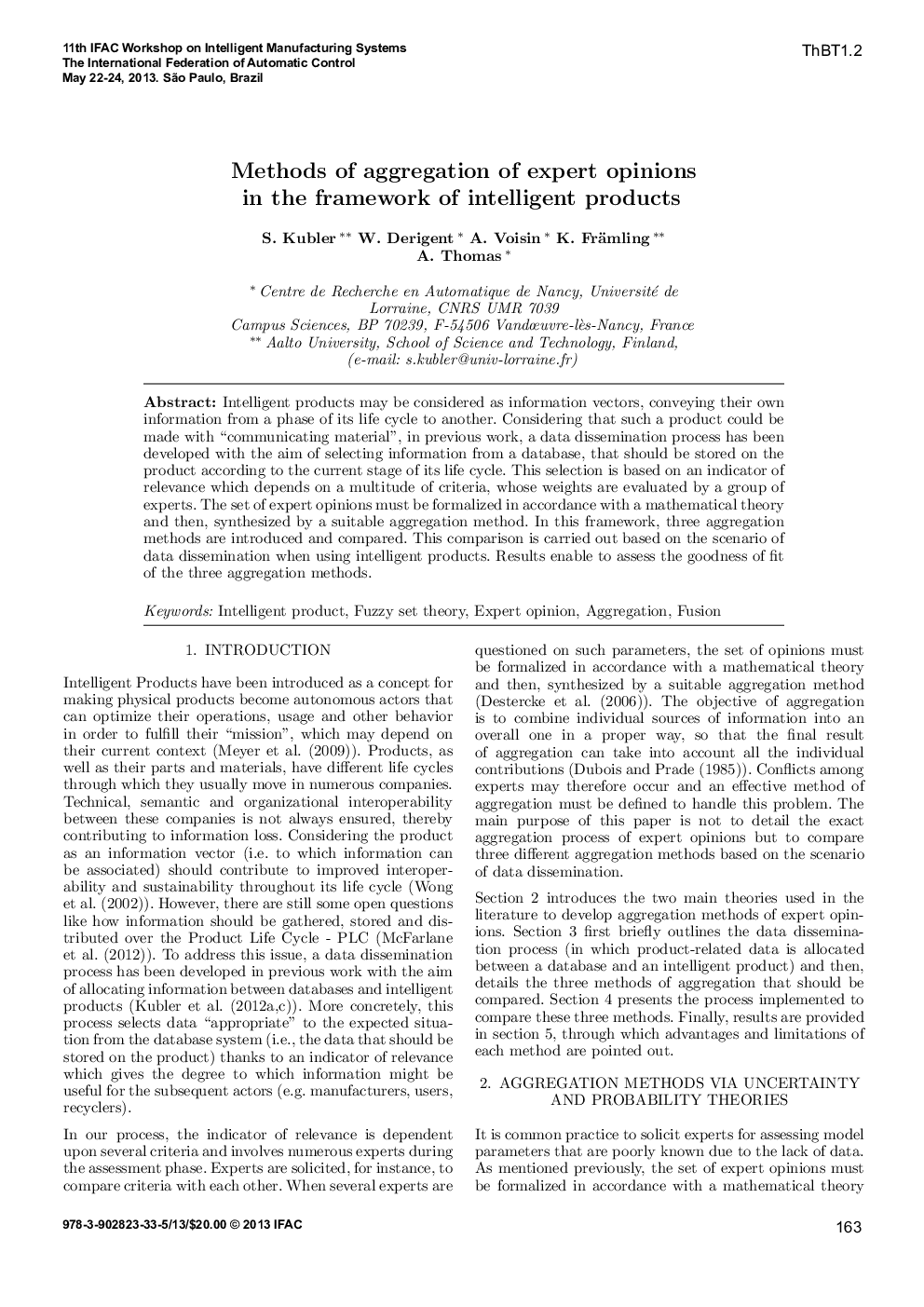 عکس صفحه اول مقاله: Methods of aggregation of expert opinions in the framework of intelligent products Methods of aggregation of expert opinions in the framework of intelligent products