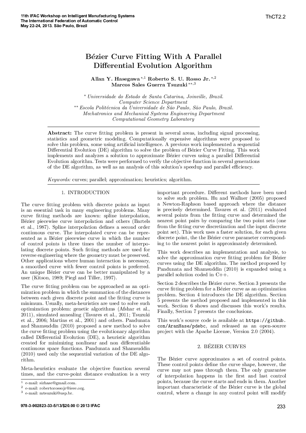Bézier Curve Fitting With A Parallel Differential Evolution Algorithm