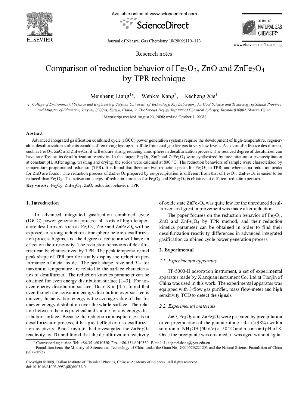 Comparison of reduction behavior of Fe2O3, ZnO and ZnFe2O4 by TPR technique 