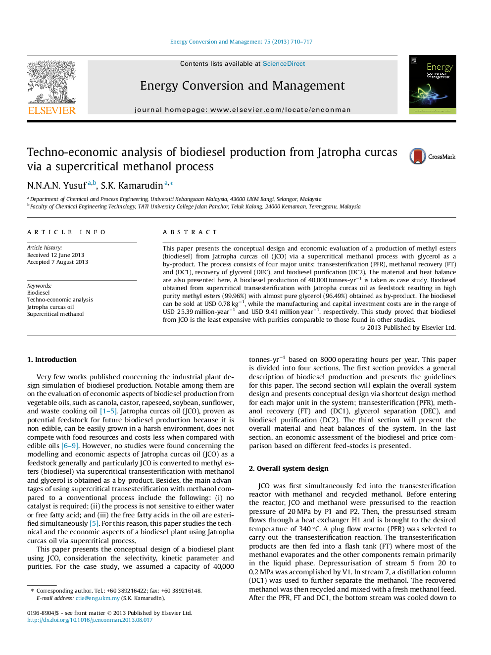 Techno-economic analysis of biodiesel production from Jatropha curcas via a supercritical methanol process