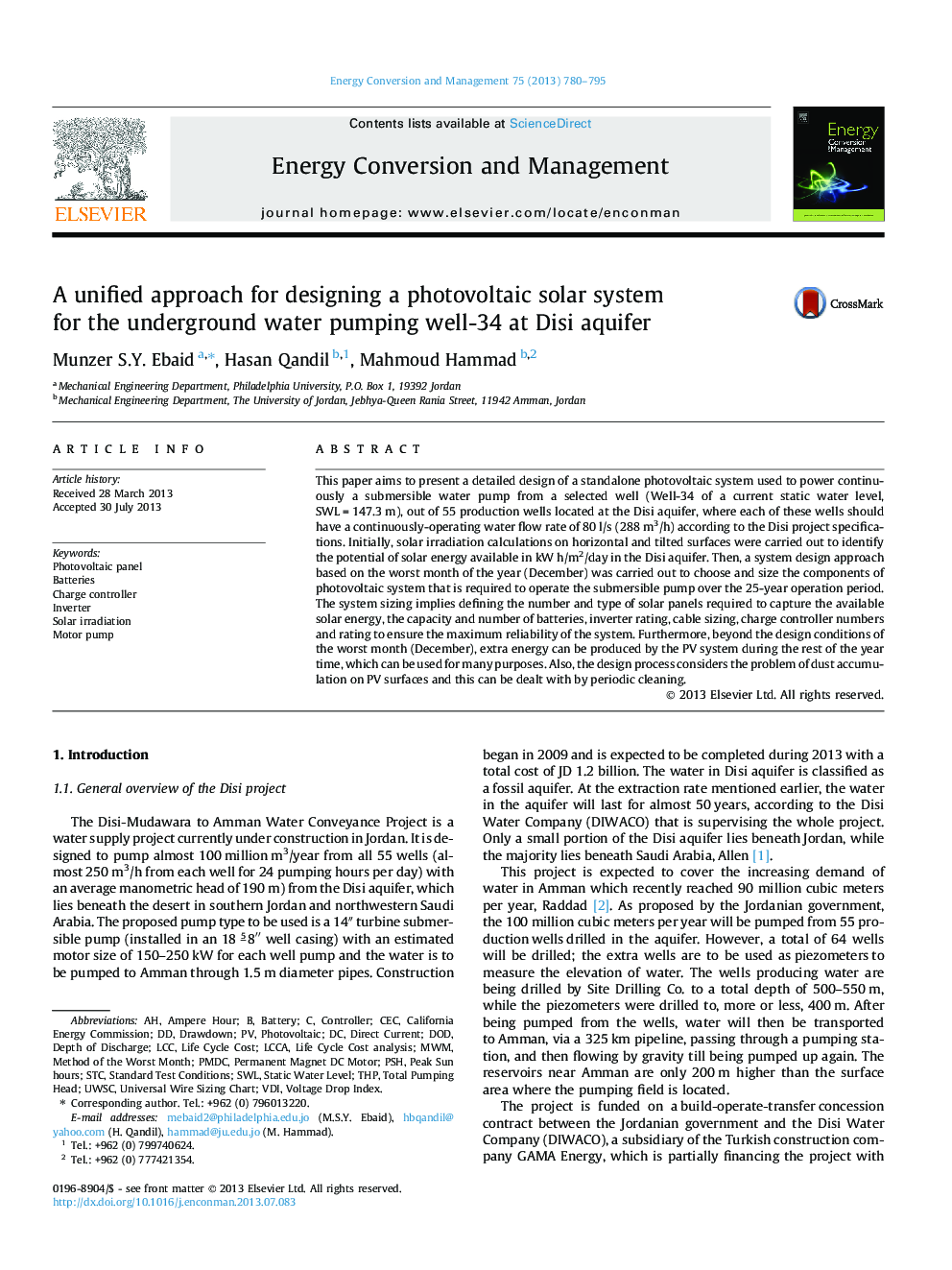 A unified approach for designing a photovoltaic solar system for the underground water pumping well-34 at Disi aquifer