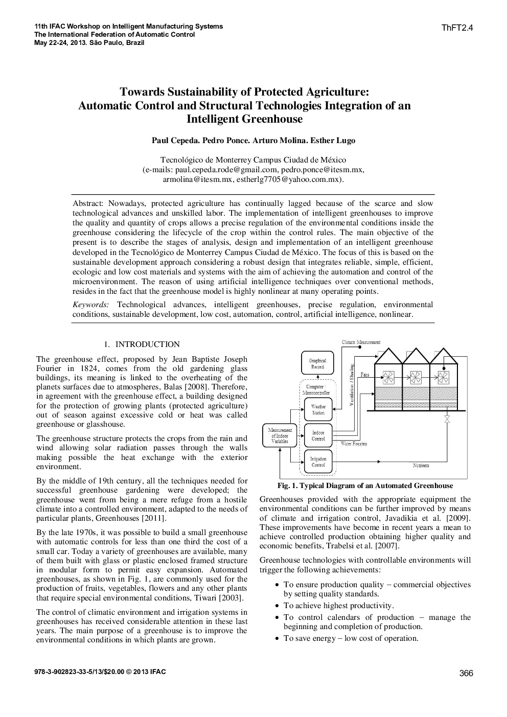 Towards Sustainability of Protected Agriculture: Automatic Control and Structural Technologies Integration of an Intelligent Greenhouse