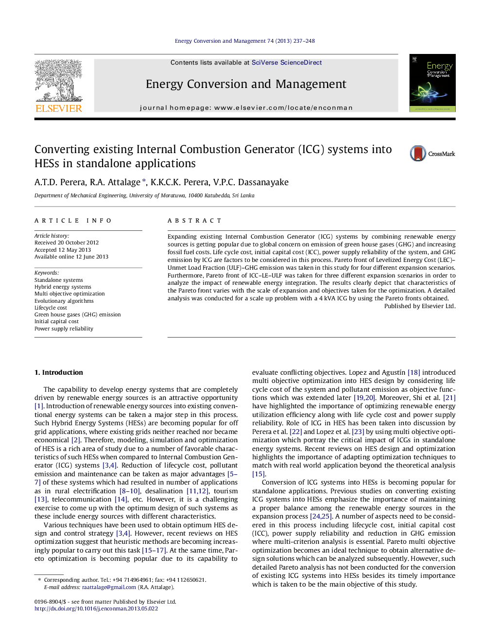 Converting existing Internal Combustion Generator (ICG) systems into HESs in standalone applications