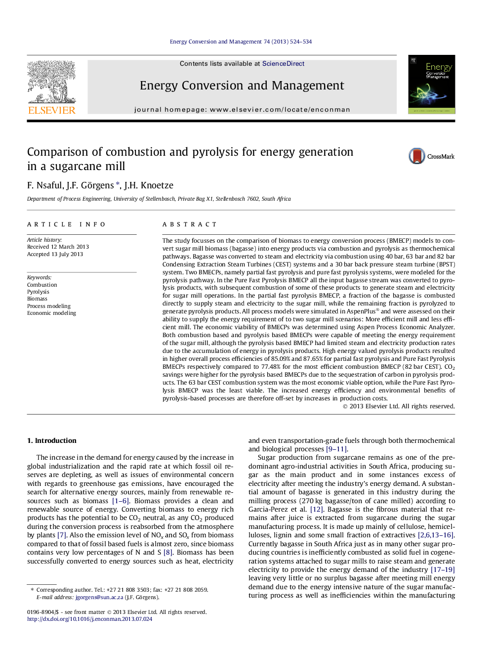 Comparison of combustion and pyrolysis for energy generation in a sugarcane mill