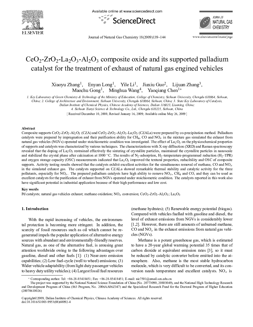 CeO2-ZrO2-La2O3-Al2O3 composite oxide and its supported palladium catalyst for the treatment of exhaust of natural gas engined vehicles 