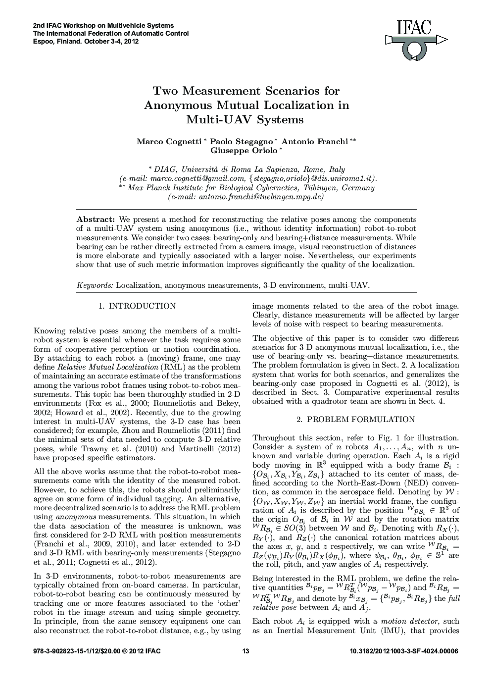 Two Measurement Scenarios for Anonymous Mutual Localization in Multi-UAV Systems
