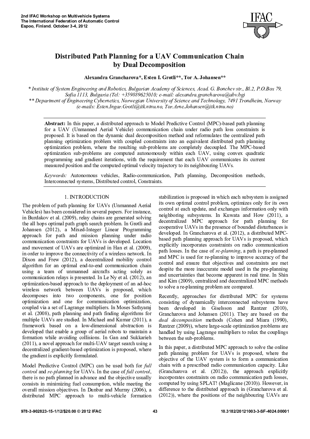 Distributed Path Planning for a UAV Communication Chain by Dual Decomposition
