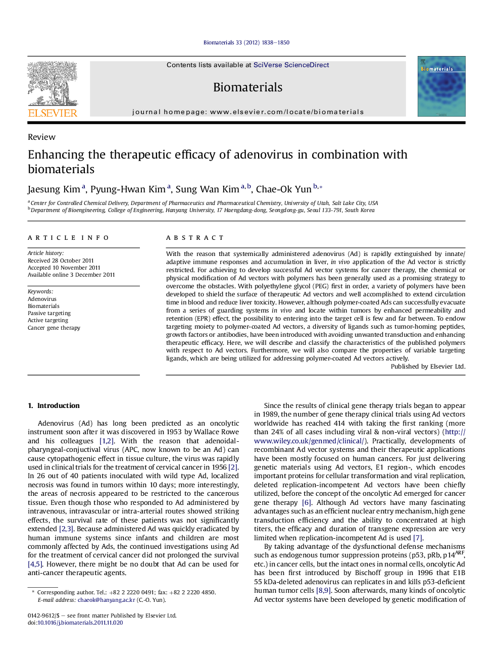 Enhancing the therapeutic efficacy of adenovirus in combination with biomaterials