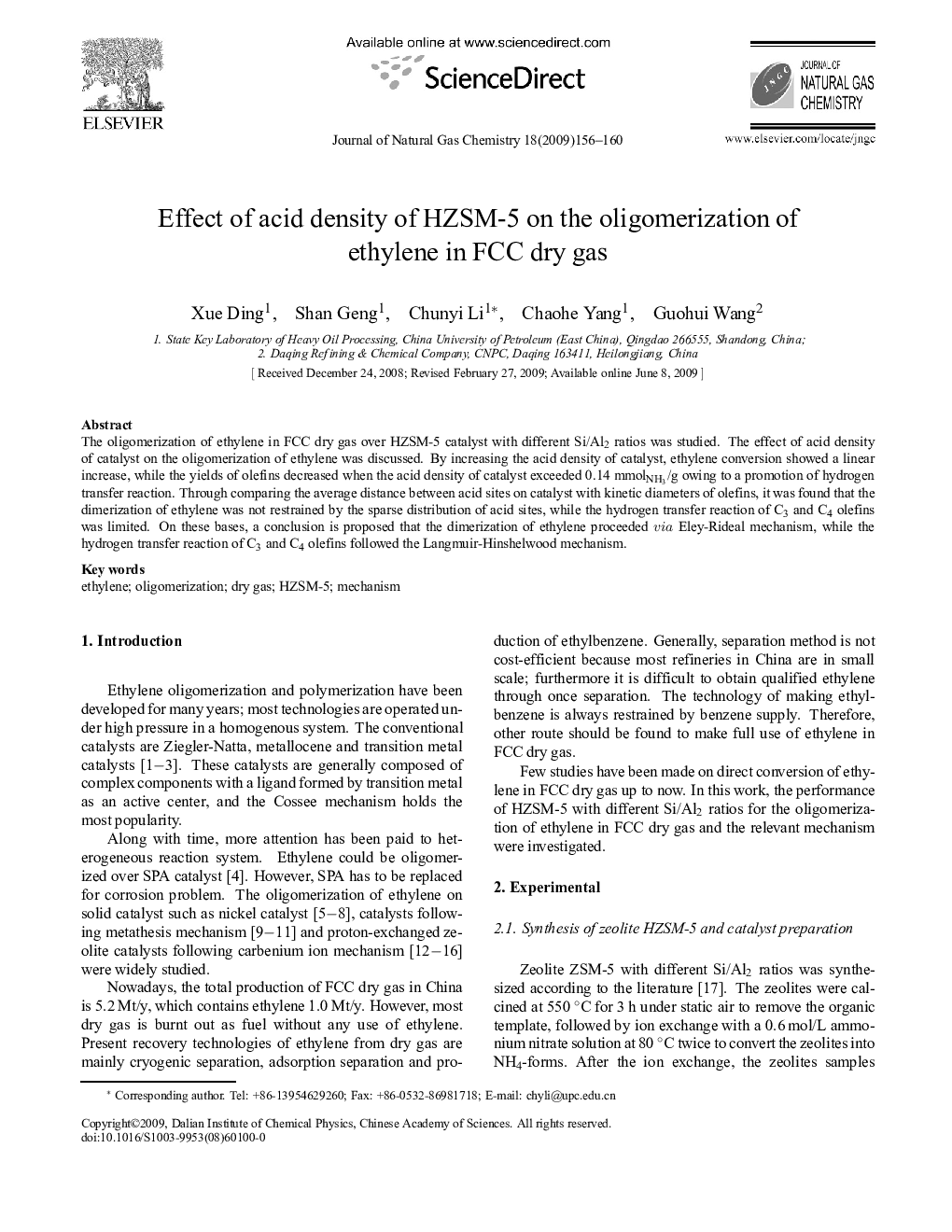 Effect of acid density of HZSM-5 on the oligomerization of ethylene in FCC dry gas 