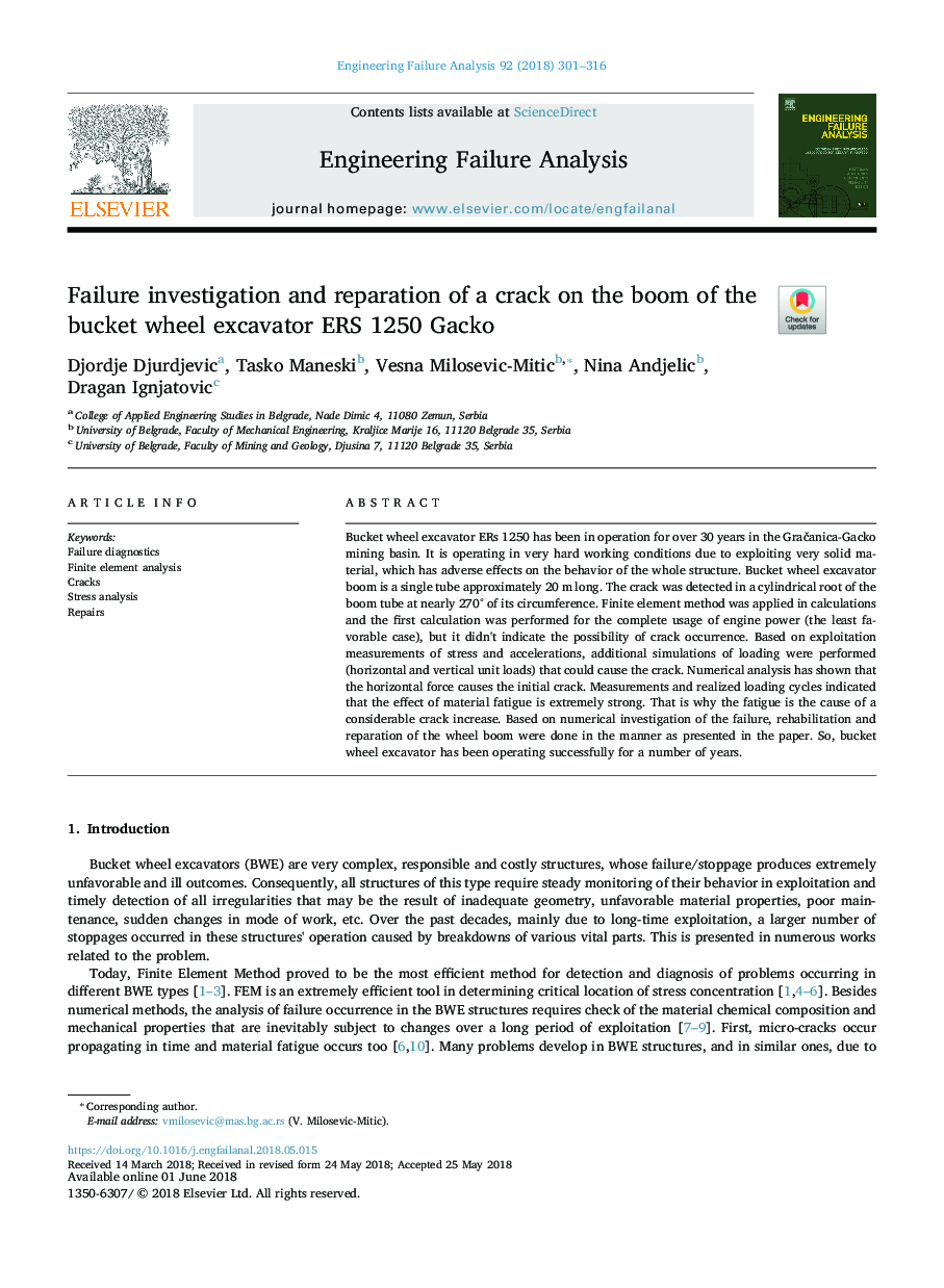 Failure investigation and reparation of a crack on the boom of the bucket wheel excavator ERS 1250 Gacko