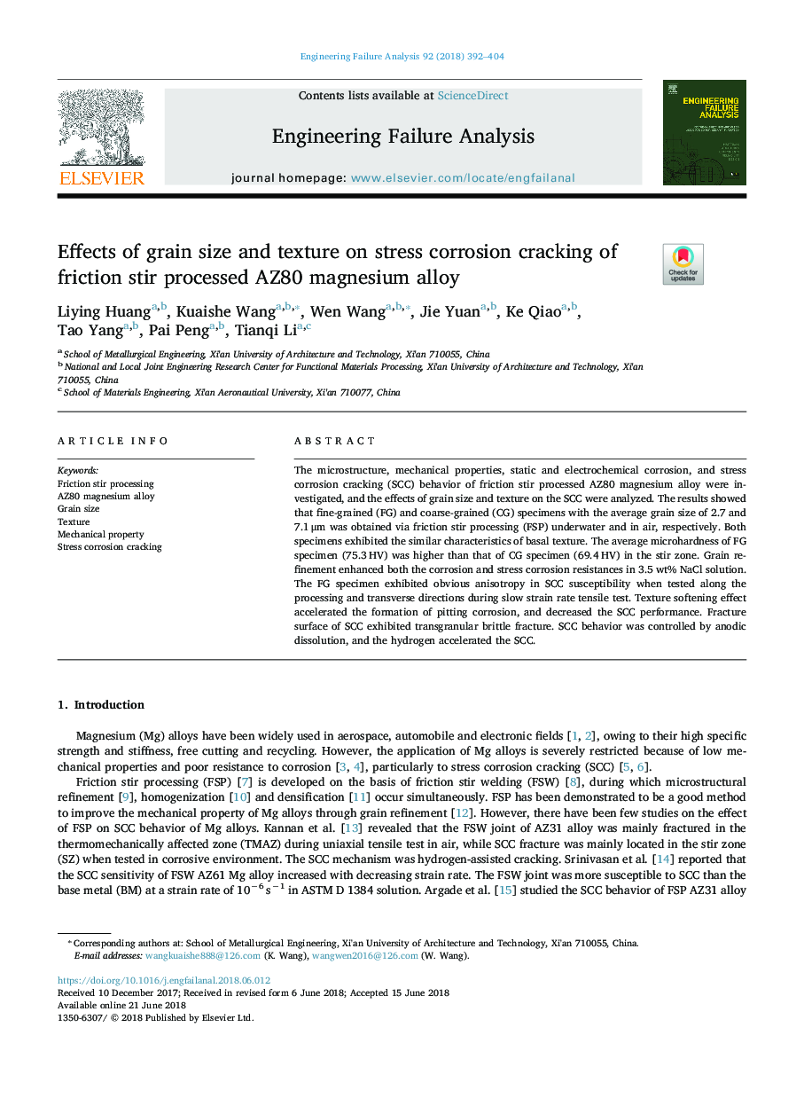 Effects of grain size and texture on stress corrosion cracking of friction stir processed AZ80 magnesium alloy