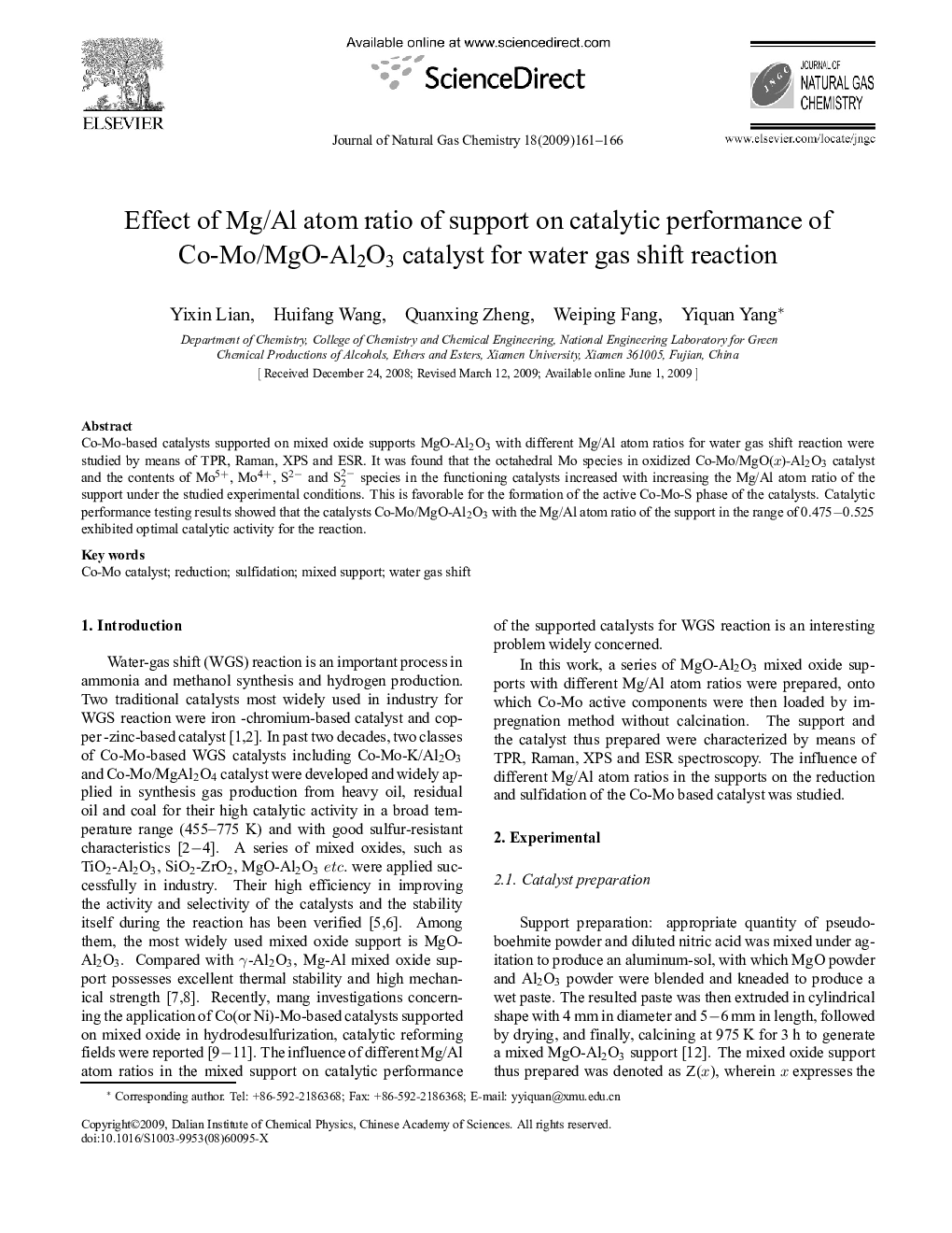 Effect of Mg/Al atom ratio of support on catalytic performance of Co-Mo/MgO-Al2O3 catalyst for water gas shift reaction 