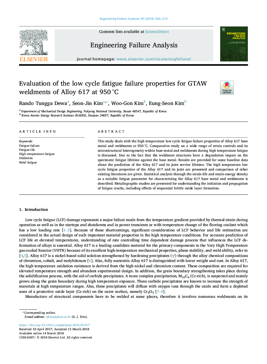 Evaluation of the low cycle fatigue failure properties for GTAW weldments of Alloy 617 at 950â¯Â°C