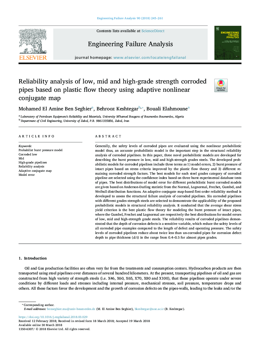 Reliability analysis of low, mid and high-grade strength corroded pipes based on plastic flow theory using adaptive nonlinear conjugate map