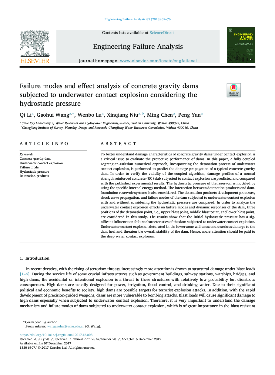 Failure modes and effect analysis of concrete gravity dams subjected to underwater contact explosion considering the hydrostatic pressure