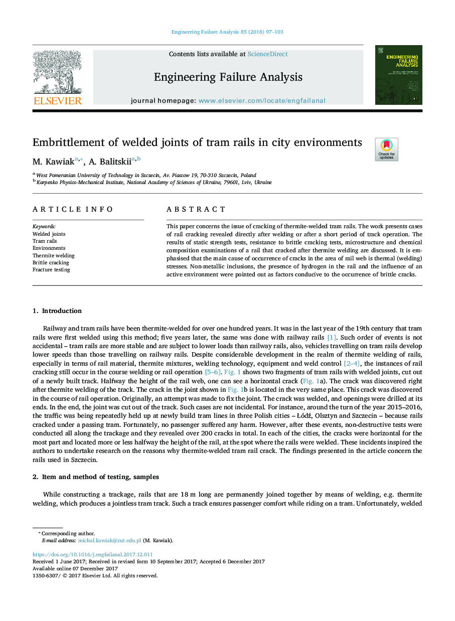 Embrittlement of welded joints of tram rails in city environments