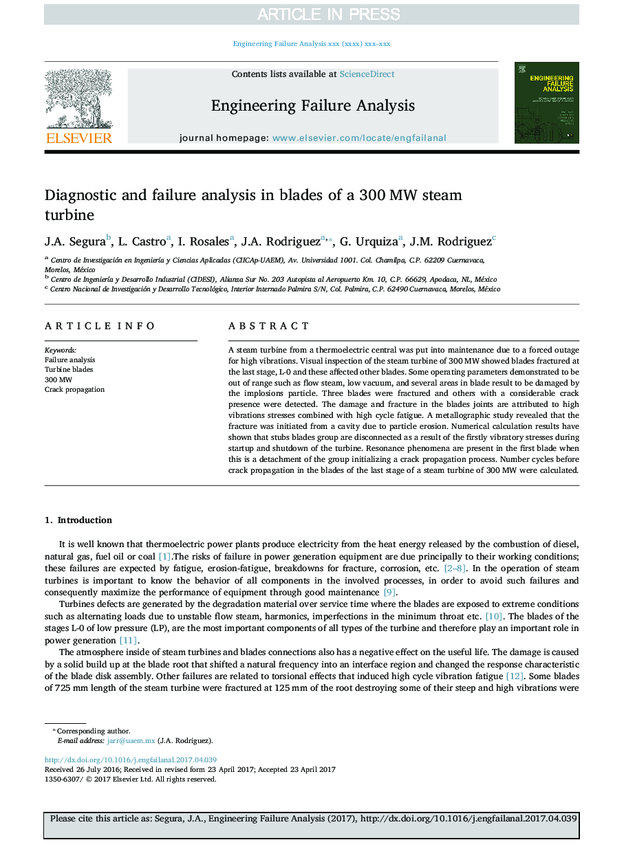 Diagnostic and failure analysis in blades of a 300Â MW steam turbine